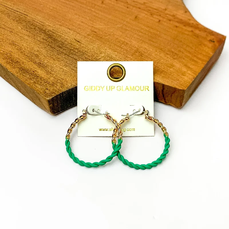 Sea motif earrings-Twisted Gold Tone Hoop Earrings in Green