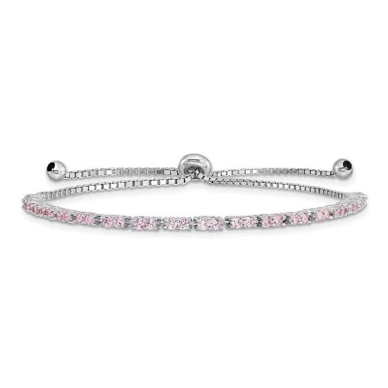 Tiny wing bangles-Curata 925 Sterling Silver Rhodium Plated October Pink CZ Cubic Zirconia Simulated Diamond Adj Bracelet