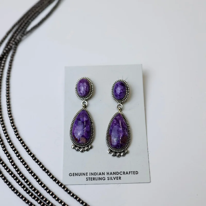 Polished bead earrings-Elouise Kee | Navajo Handmade Sterling Silver & Charoite Drop Earrings