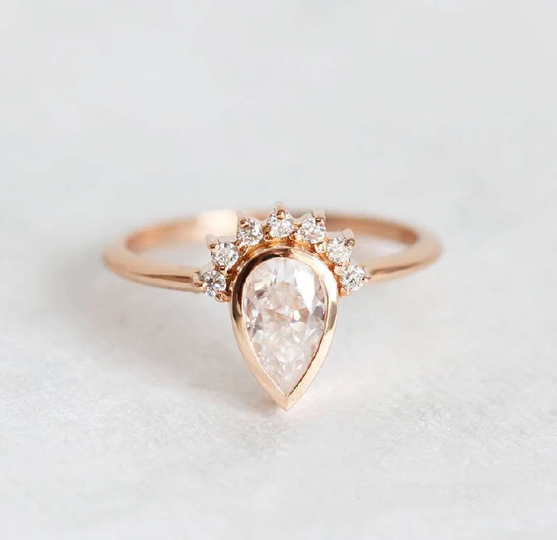 High eternity engagement rings-Helena Pear Cut Moissanite Ring with Diamond Crown