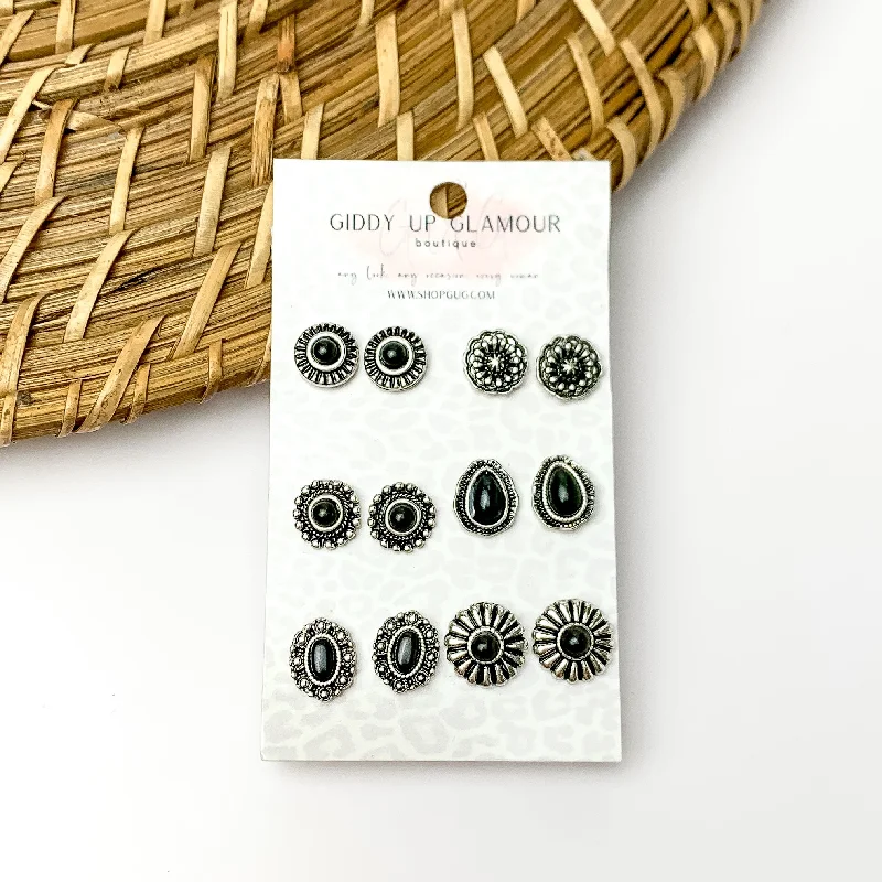 Spinel stud earrings-Set of Six | Black and Silver Tone Designed Stud Earrings