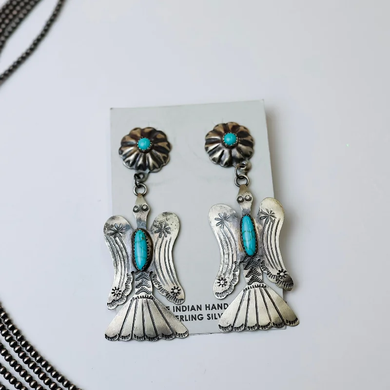 Cedar wood earrings-Tim Yazzie | Navajo Handmade Sterling Silver with Turquoise Stones Thunderbird Dangle Earrings