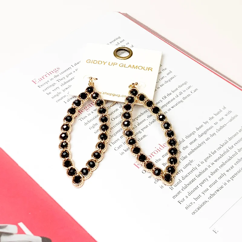 Small dot earrings-Gold Tone Wire Ellipse Earrings with Black Crystal Beads