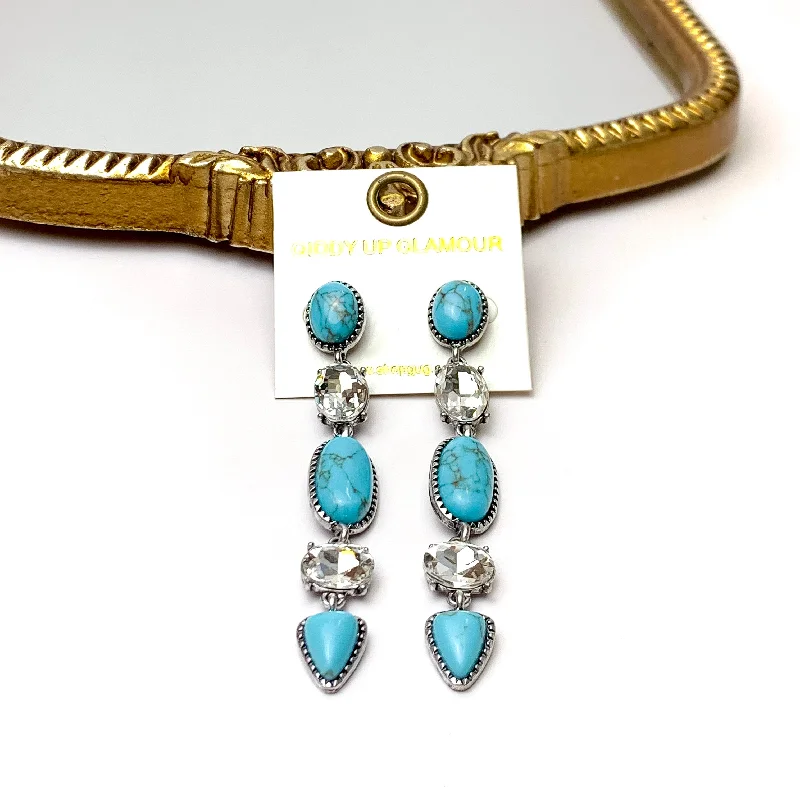 Topaz gem earrings-5 Tier Faux Turquoise and Clear Crystal Dangle Earrings