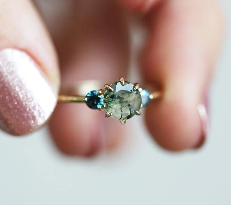 Labradorite engagement rings-Taia Moss Agate Ring with Teal Tourmalines