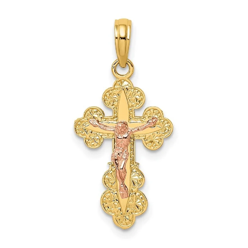 Coil knot necklaces-Curata 14k Two tone Gold 18" Crucifix Cross With Scallop Trim and Pink Jesus Pendant Necklace