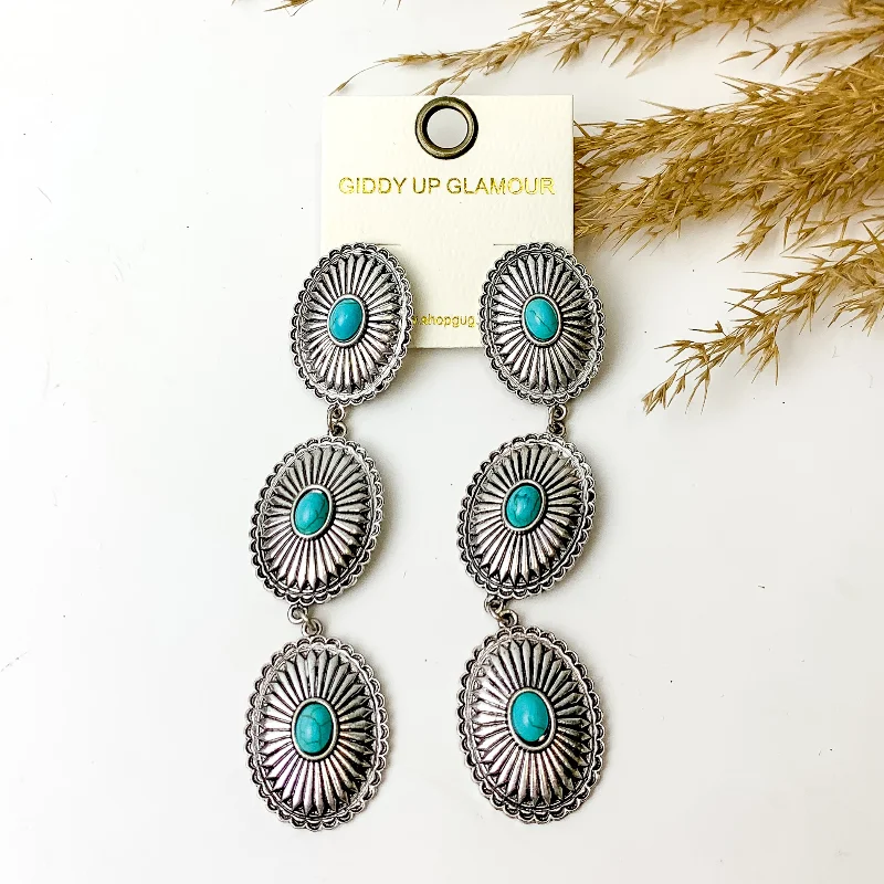 Glossy enamel earrings-Concho Drop Earrings with Turquoise Stones in Silver Tone