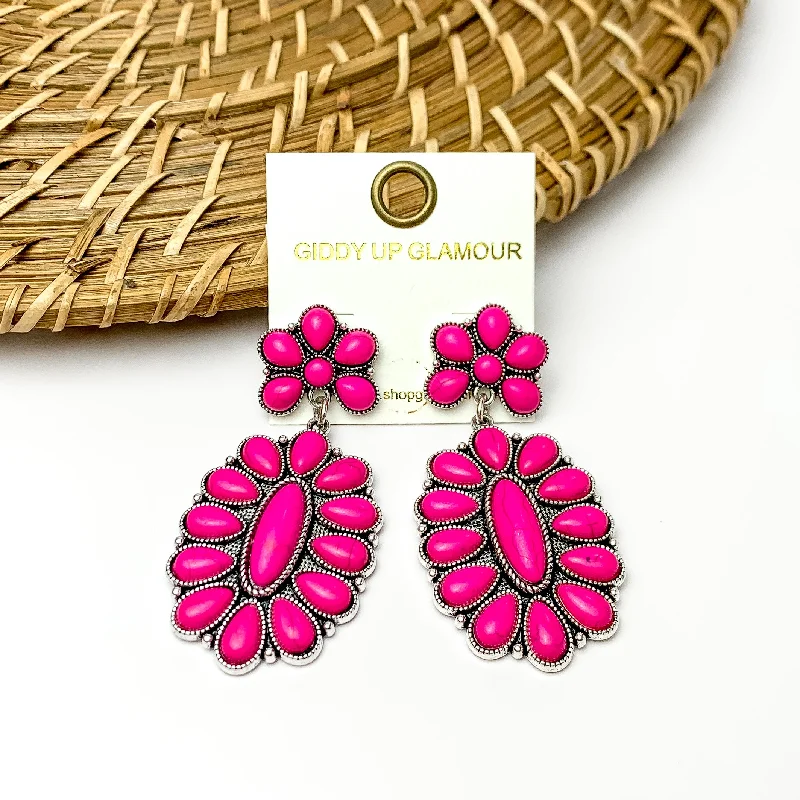 Light drop earrings-Hot Pink Stone Oval Flower Earrings