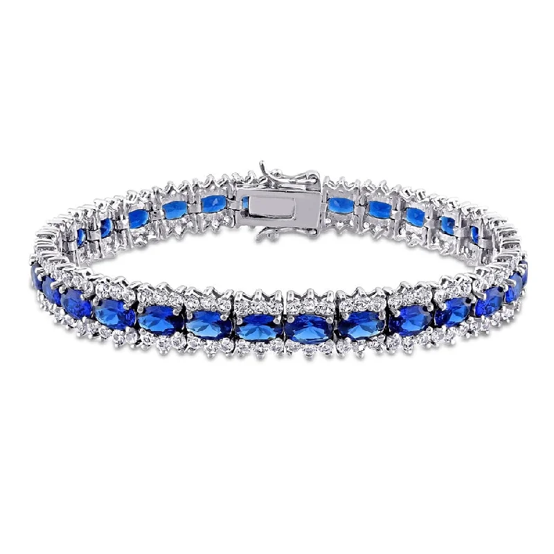 Glossy enamel bangles-Miadora Sterling Silver Created Blue and White Sapphire Halo Tennis Bracelet