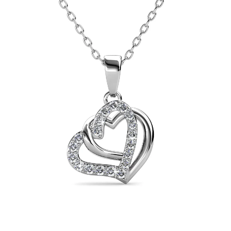 Bold art necklaces-Angela 18k White Gold Plated Silver Double Heart Necklace with Swarovski Crystals