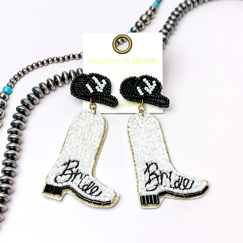 Spirit eye earrings-Bride Beaded White Cowboy Boot Earrings with Black Hat Studs