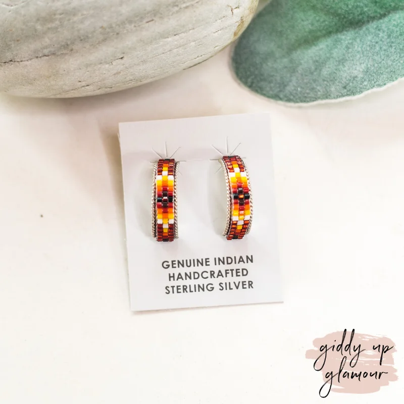 Sleek drop earrings-Navajo | Navajo Handmade Small Multi Colored Aztec Beaded Hoop Earrings in Maroon #2