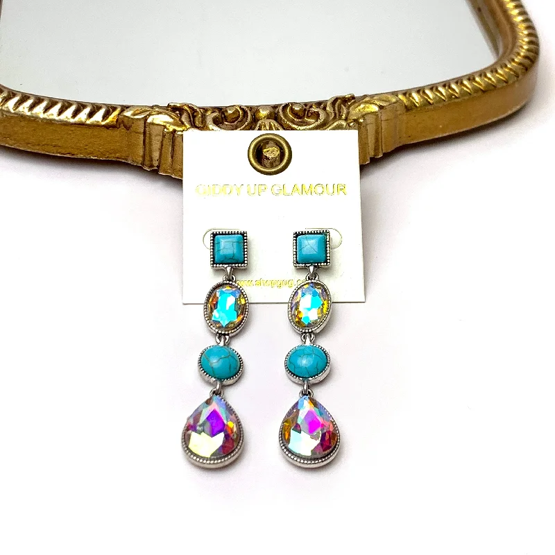 Sleek drop earrings-4 Tier Square Post Faux Turquoise and AB Crystal Dangle Earrings