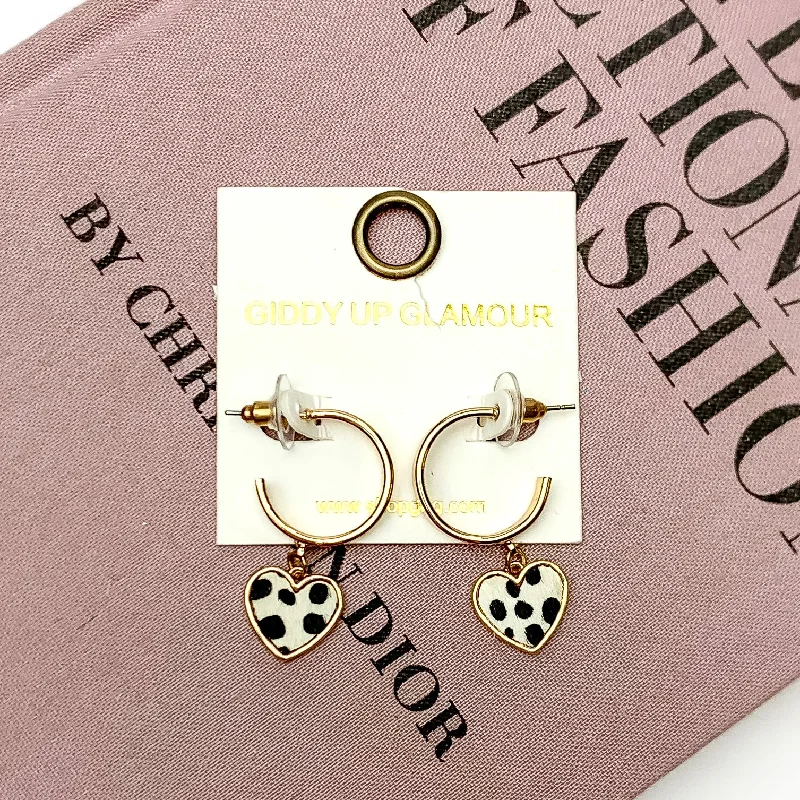 Tide shape earrings-Gold Tone Hoop Earrings with Heart Dangle in White Dotted Print