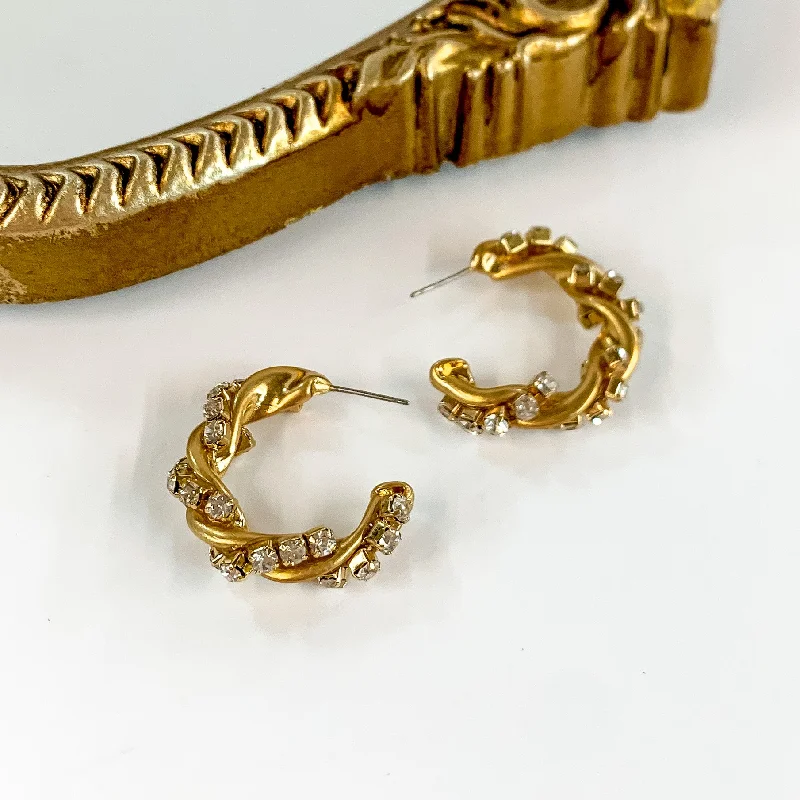 Thin hoop earrings-Gold Tone Twisted Hoop Earrings with Clear Crystals