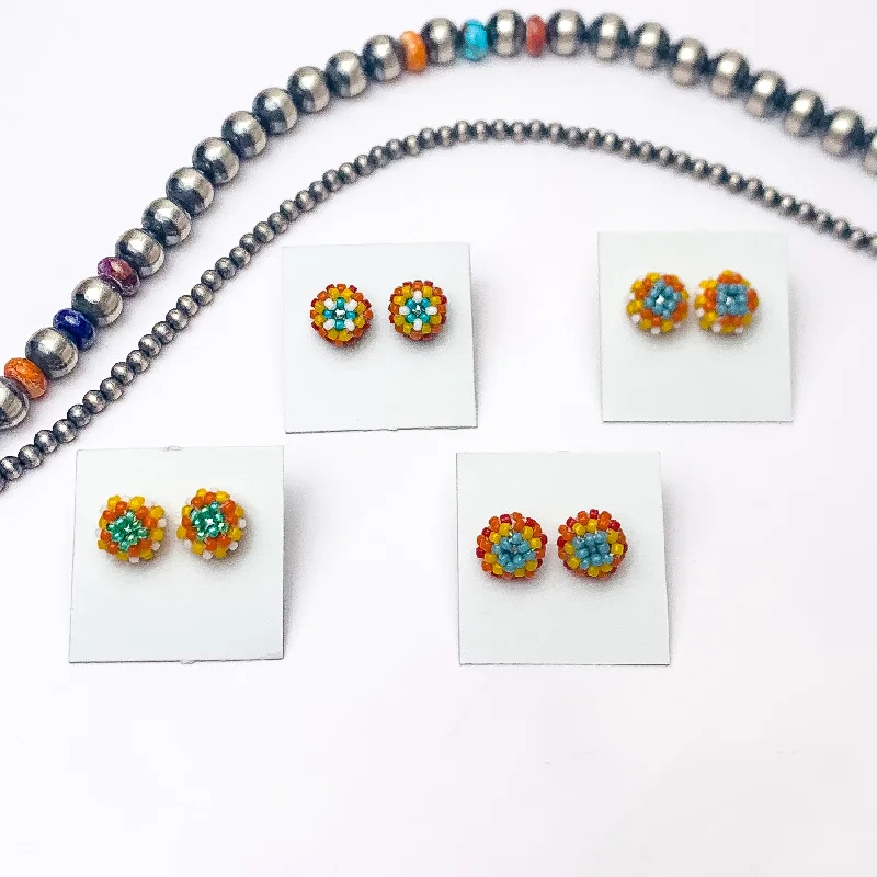 Polished art earrings-Navajo | Navajo Handmade Beaded Stud Earrings in Turquoise, Yellow, and Red