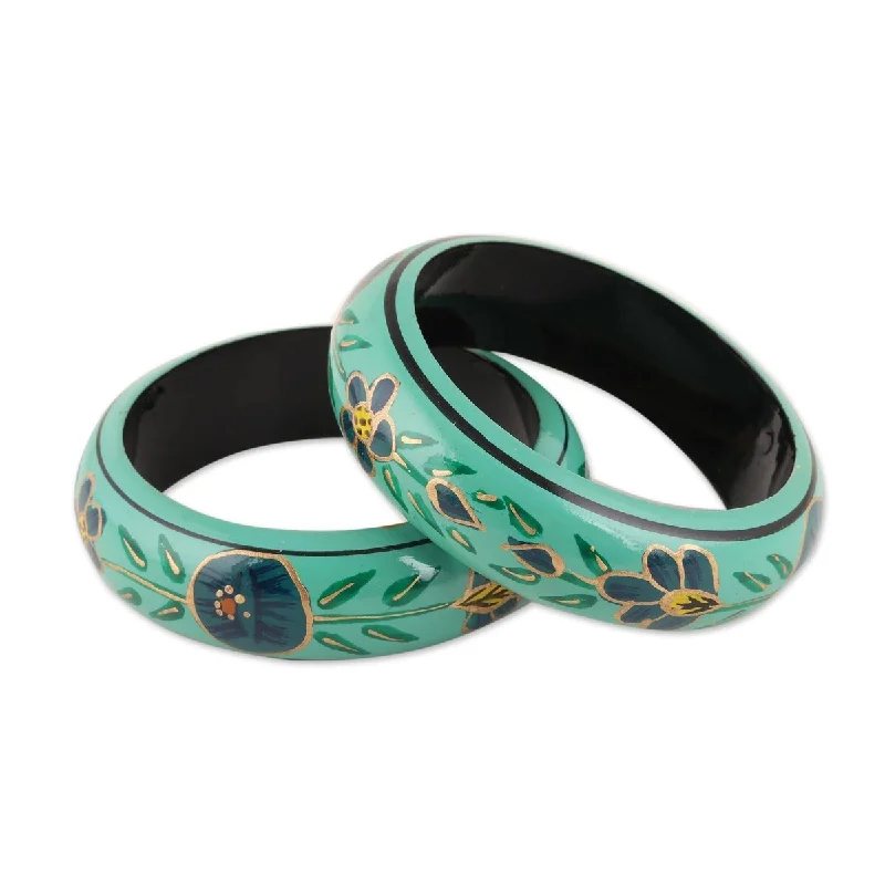 Polished bead bangles-NOVICA Floral Viridian, Wood bangle bracelets (pair)