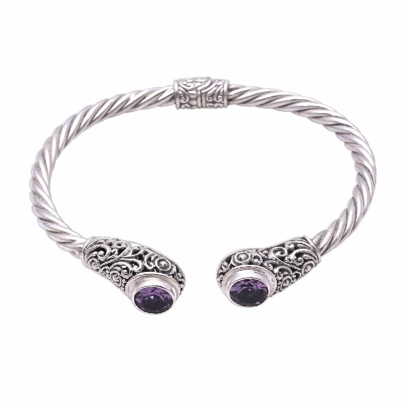 Curved art bangles-NOVICA Royal Pattern, Amethyst cuff bracelet