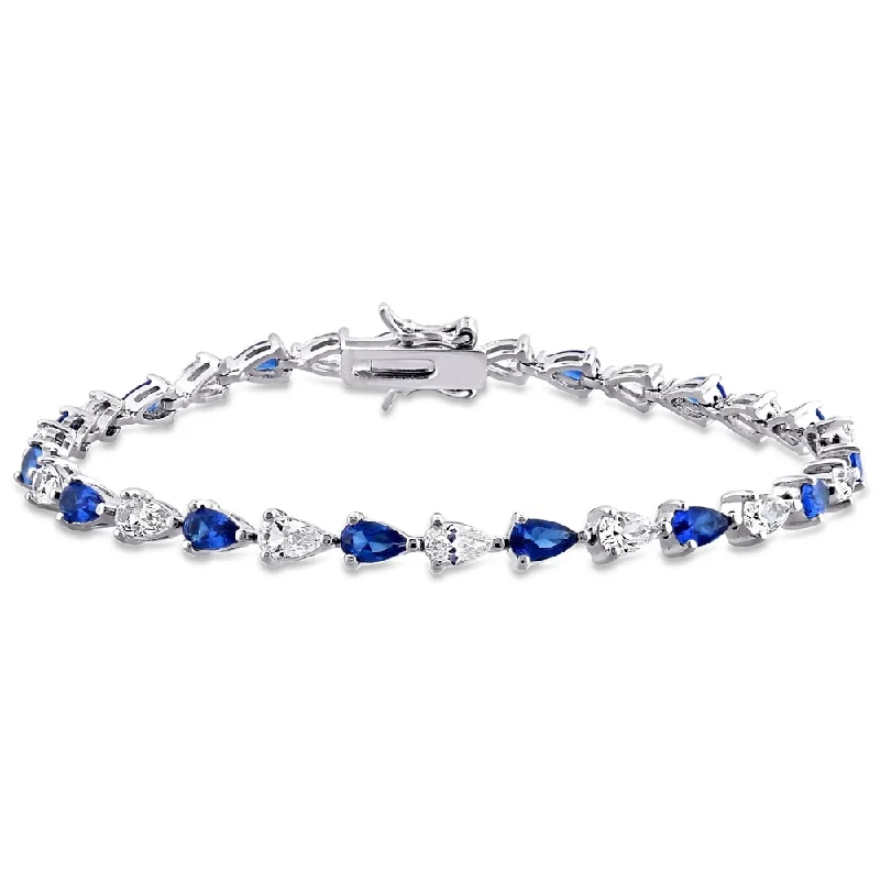 Vivid diamond bangles-Miadora Sterling Silver Pear-cut Created Blue and White Sapphire Tennis Bracelet