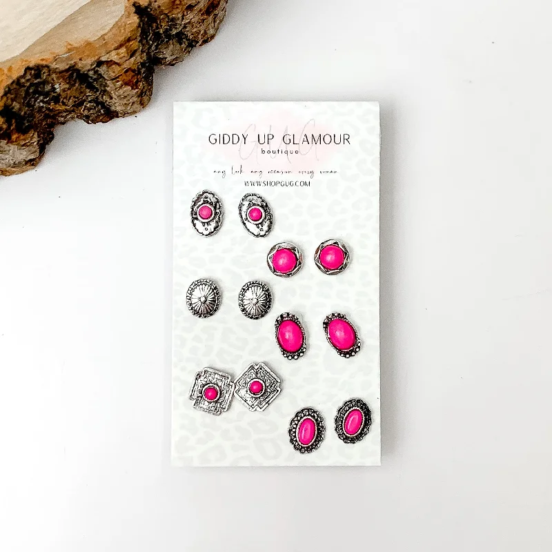 Tiered drop earrings-Set Of Six | Western Small Fuchsia Pink Stones and Silver Tone Stud Earrings