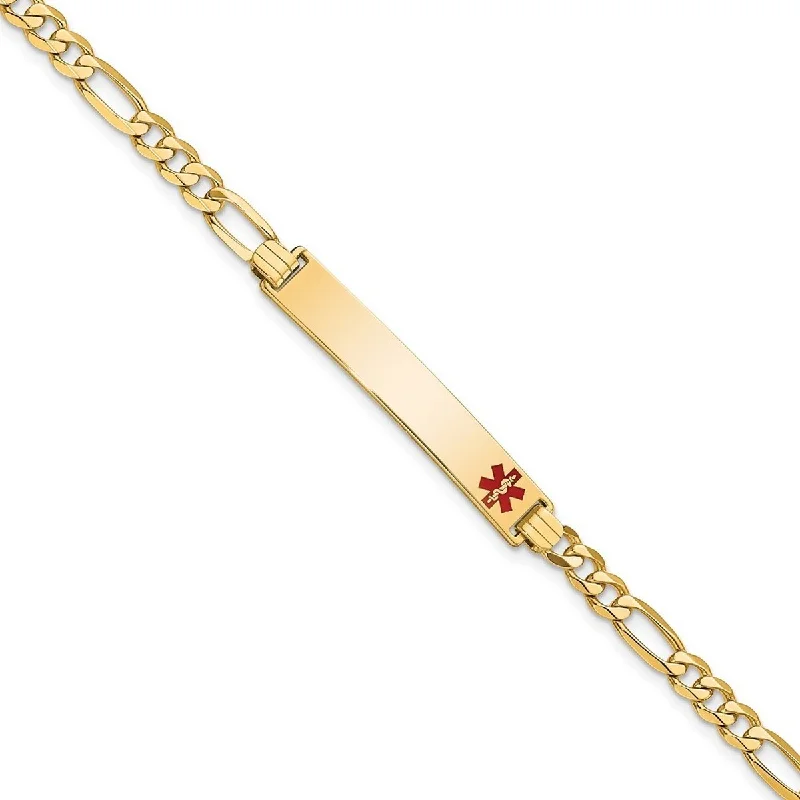 Textured metal bangles-Curata 14k Yellow Gold 6.5mm Engravable Medical Red Enamel Flat Figaro Link ID Bracelet