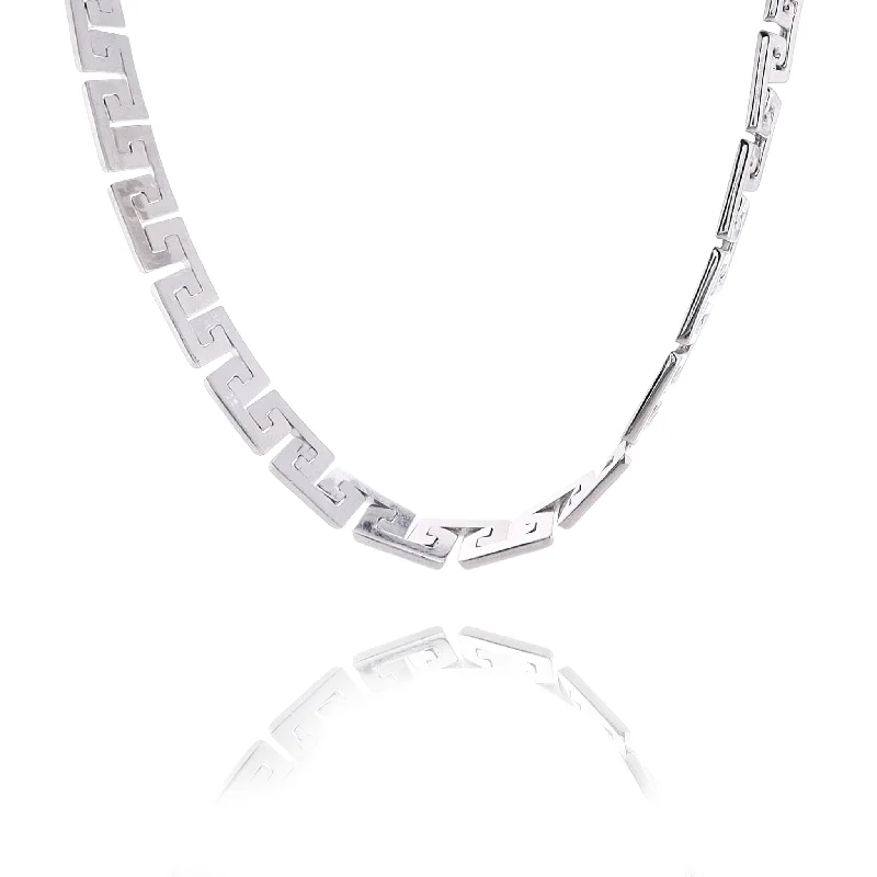 Subtle filigree necklaces-Estate 14 Karat White Gold Greek Key Design Necklace