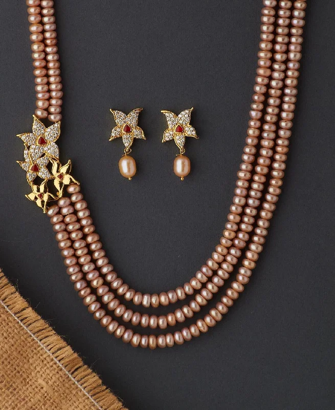 Solid chain necklaces-Floral Real Pearl Necklace Set