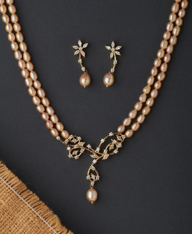 Clear crystal necklaces-Floral Real Pearl Necklace Set