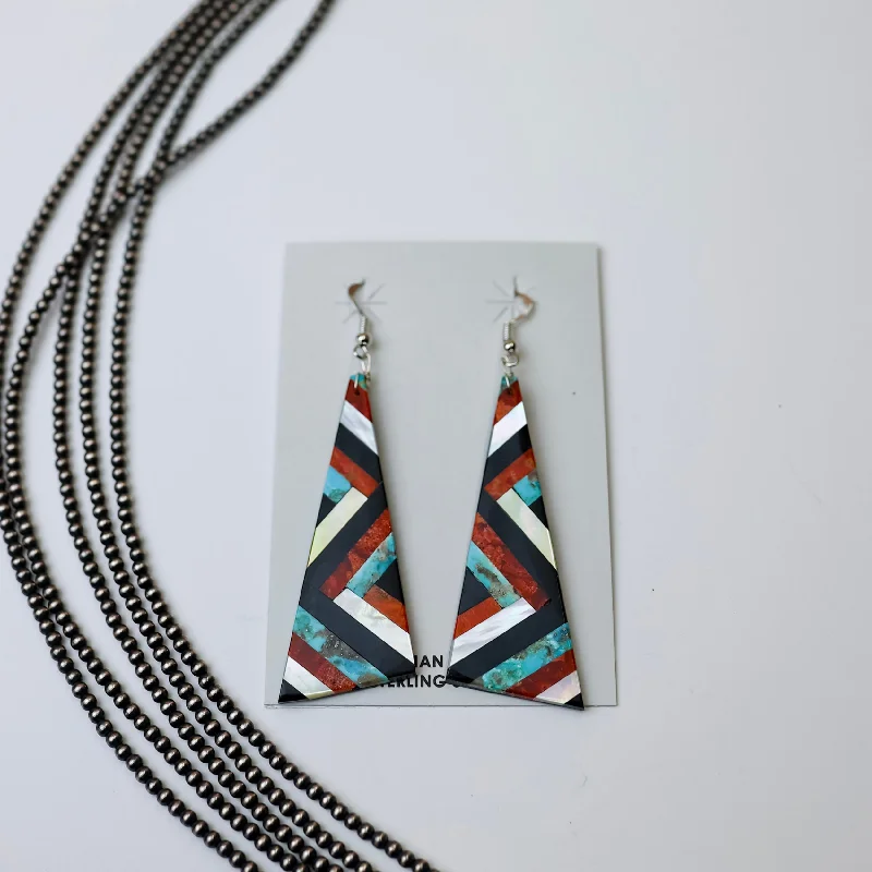 Silk tassel earrings-Navajo | Navajo Handmade Turquoise, Opal, Red Orange Spiny Oyster and Onyx Geometric Design Slab Earrings