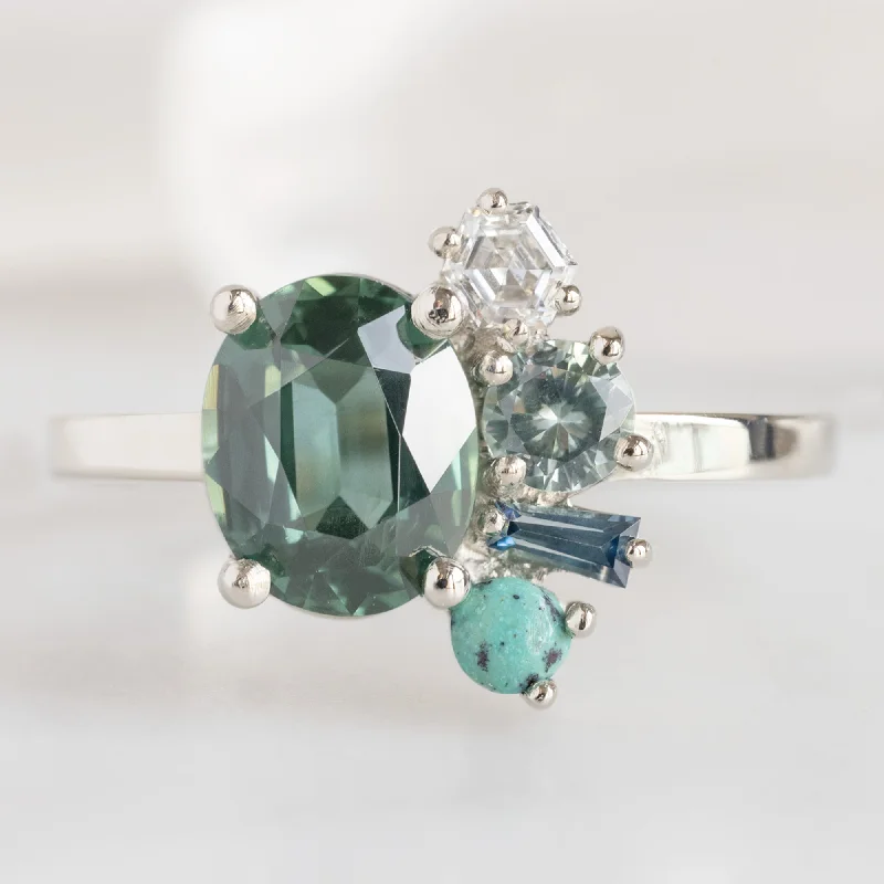 Open shank engagement rings-The Watercolor Cluster Ring | 1.53ct Oval Green Sapphire in 14K White Gold