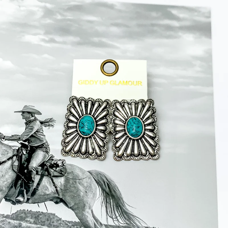 Broad hoop earrings-Western Flare Silver Tone Rectangle Earrings With Stone in Turquoise