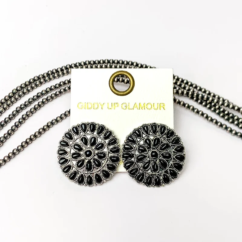 Silver Tone Circle Cluster Stud Earrings with Black Stones