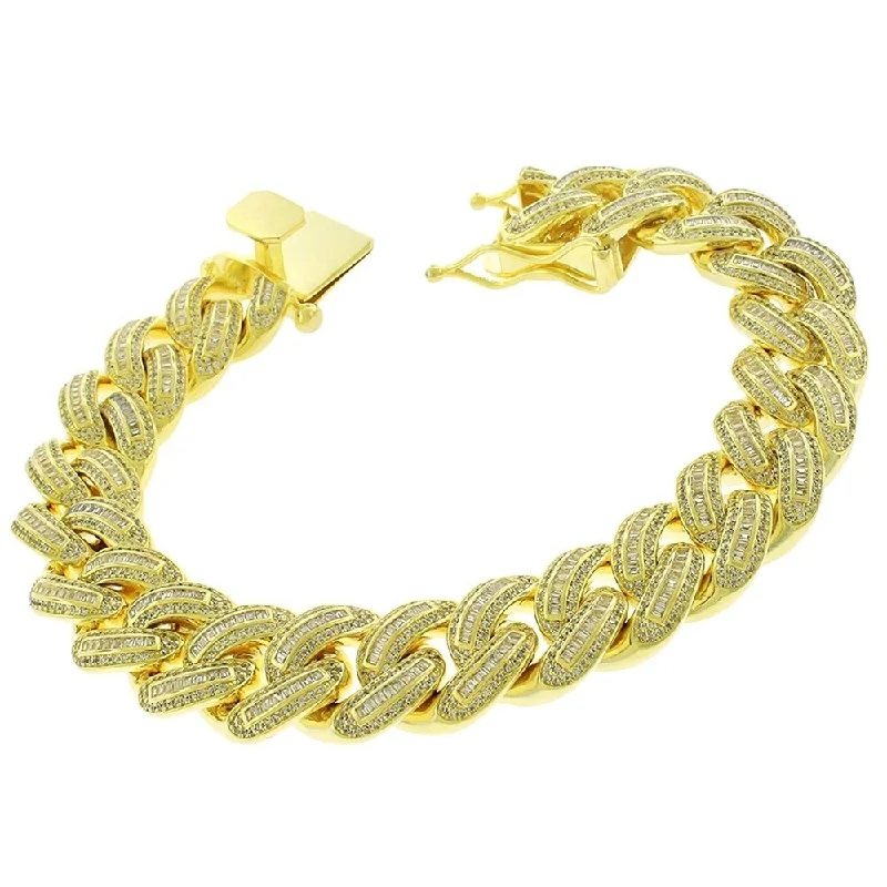 Polished bead bangles-Sterling Silver 16mm Iced Out CZ Baguette Miami Cuban Solid 925 Yellow Gold Bling Bracelet Chain 8.75"