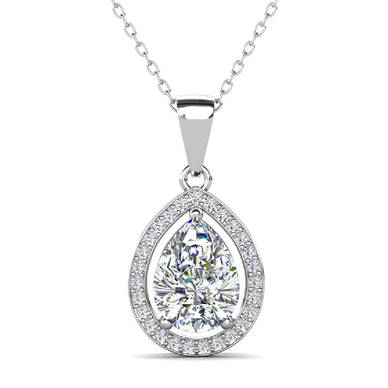 Stretch cord necklaces-Isabel 18k White Gold Plated Halo Teardrop Necklace with Simulated Diamond Crystal