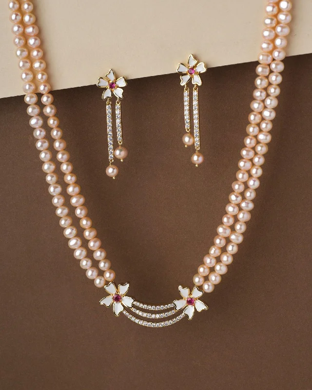 Tide pattern necklaces-Floral Pink Pearl Necklace Set