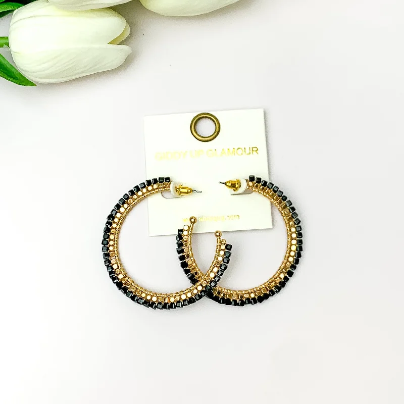 Bright gem earrings-Gold Tone Beaded Hoop Earrings with a Black Crystal Outline