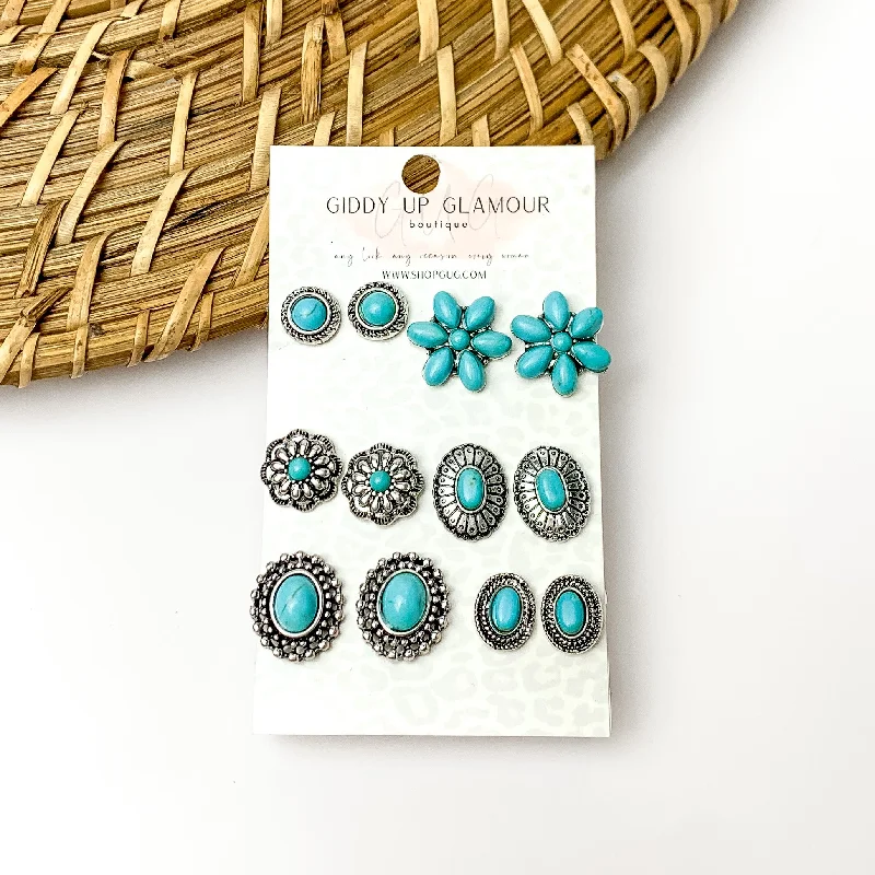 Crystal-twisted earrings-Set of Six Earrings | Turquoise and Silver Tone Designed Stud Earrings