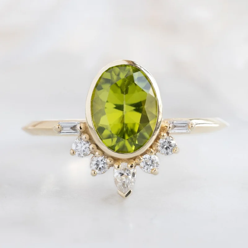 Oval cut engagement rings-The Posy Ring | 1.36ct Oval Peridot in 14K Yellow Gold