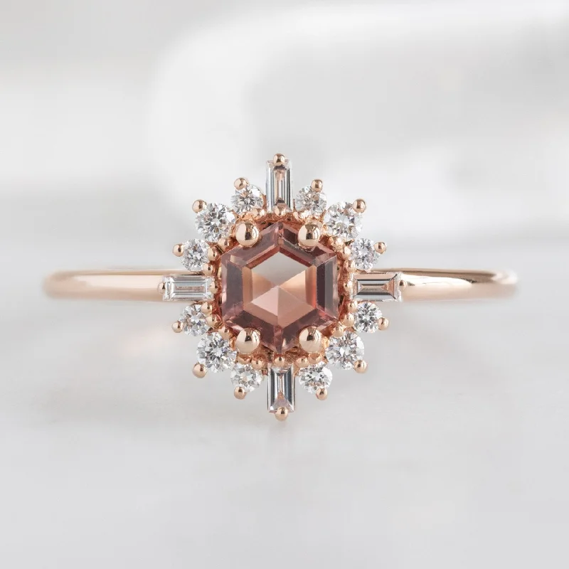 Star motif engagement rings-The Compass Ring | 0.37ct Hexagon Sunstone in 14K Rose Gold