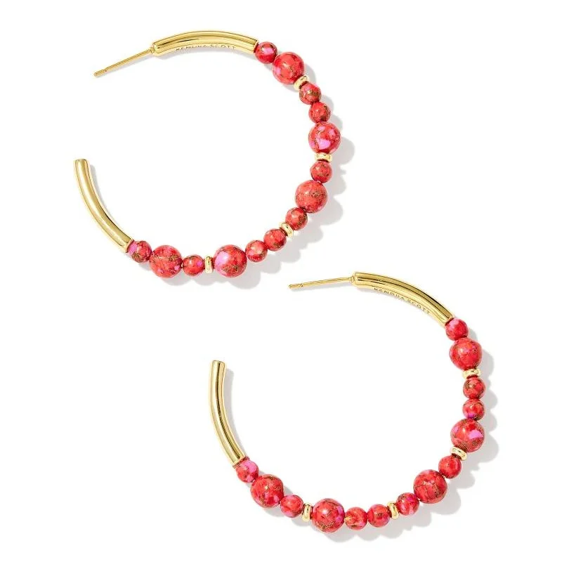 Tide design earrings-Kendra Scott | Jovie Gold Beaded Hoop Earrings in Bronze Veined Red and Fuchsia Magnesite