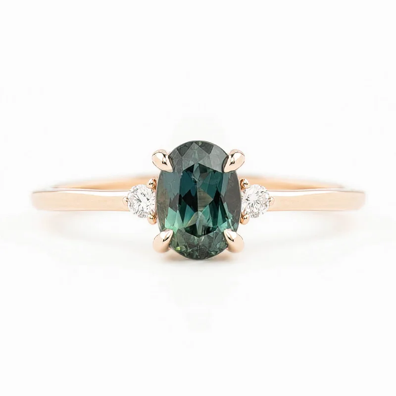 Emerald halo engagement rings-Emilie Ring 1.23ct Blue Green Queensland Sapphire, 14K Rose Gold (One of a kind)