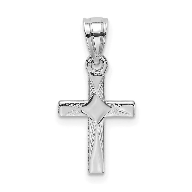 Solid chain necklaces-Curata 14k White Gold Mini Engraved Cross With Diamond Shape Center Necklace 10mmx17mm