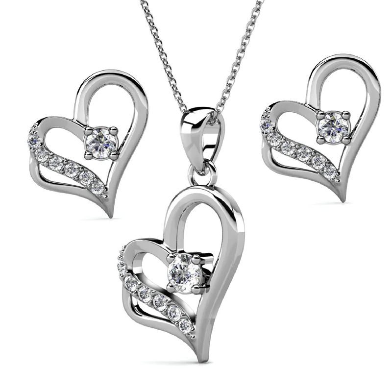 Heavy collar necklaces-Kara 18k White Gold Plated Silver Heart Necklace and Earring Set with Swarovski Crystals