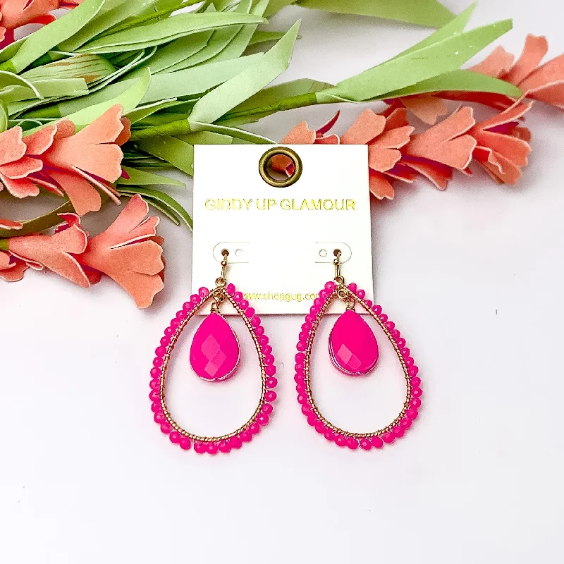 Old medallion earrings-Pink Stone Inside Open Beaded Teardrop Earrings with Gold Tone Outline