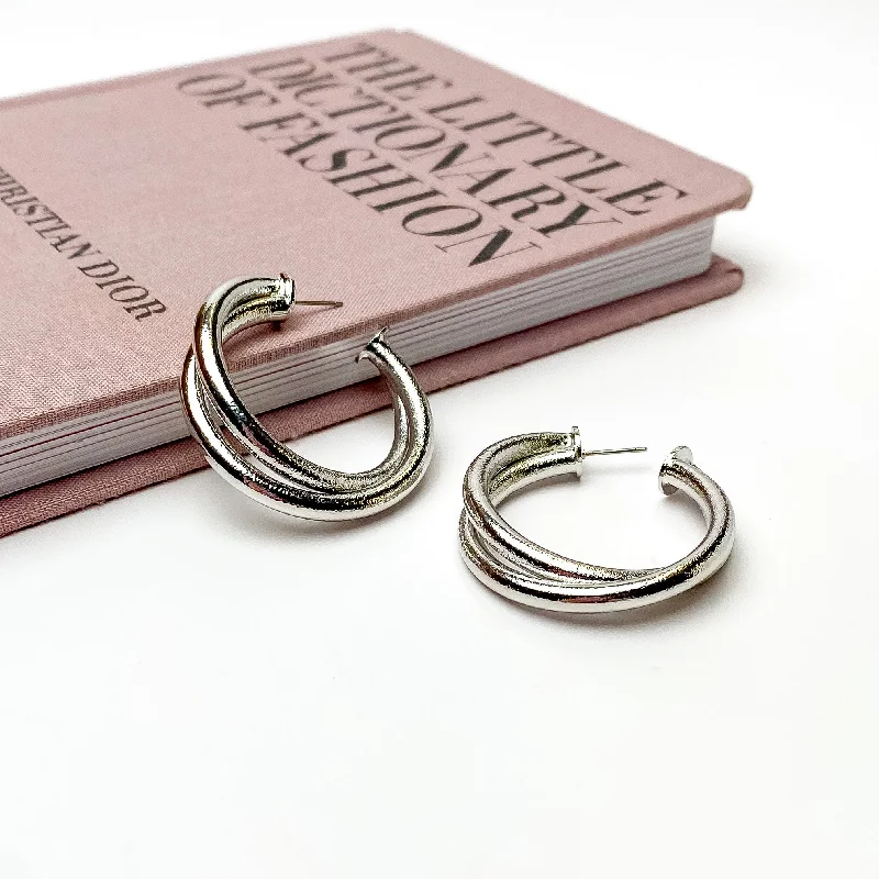 Full crescent earrings-Twisted Hoop Earrings in Textured Silver Tone