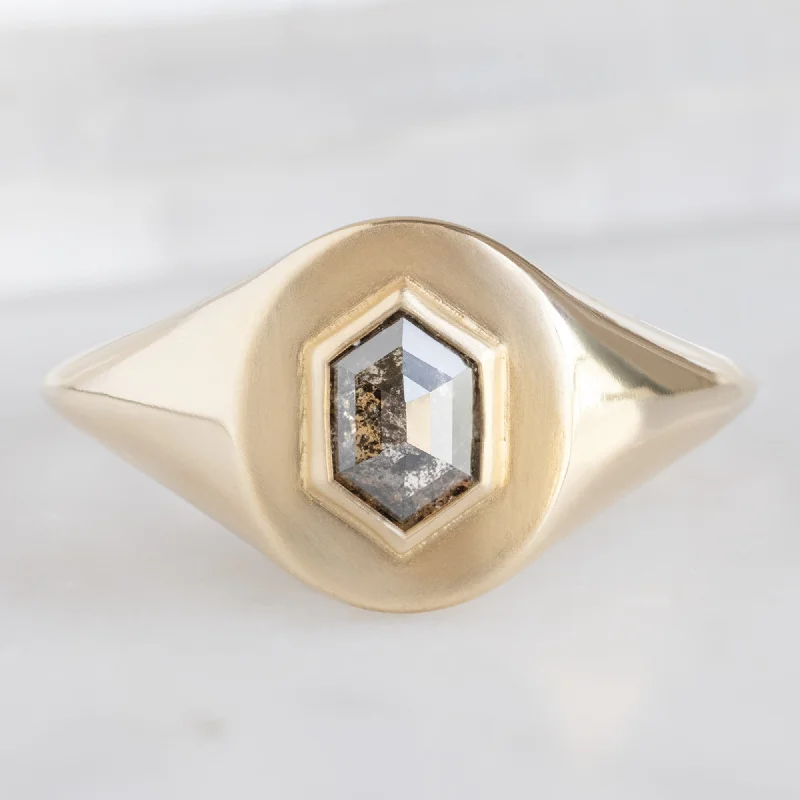 Retro gold engagement rings-The Signet Ring | 0.38ct Hexagon Salt and Pepper Diamond in 10K Yellow Gold