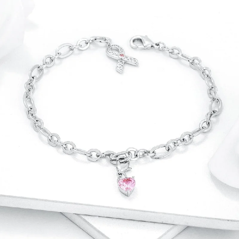 Stellar theme bangles-Breast Cancer Awareness Ribbon And Heart Charm Bracelet - 8 Inch