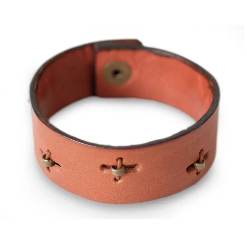 Glossy link bangles-Leather Men's 'Hide and Seek in Tan' Wristband Bracelet(Ghana)