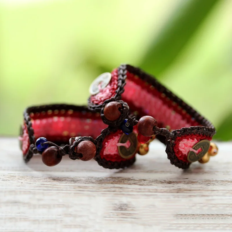 Stellar theme bangles-Handmade Set of 2 'Bold Pink Fortunes' Beaded Bracelets (Thailand)