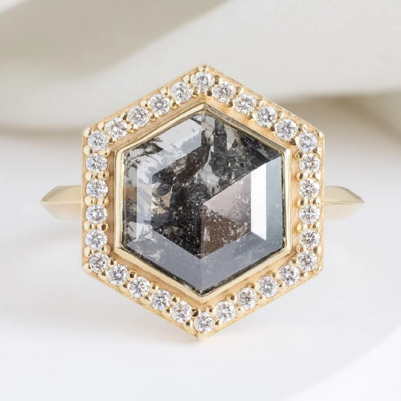 Infinity band engagement rings-The Dahlia Luxe | 2.68ct Salt and Pepper Hexagon Diamond in 18K Yellow Gold